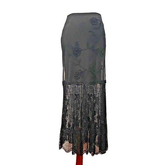 NWT SUE WONG Sz 2 Maxi Skirt BLACK Open Knit Bead Floral Boho Long Neiman Marcus